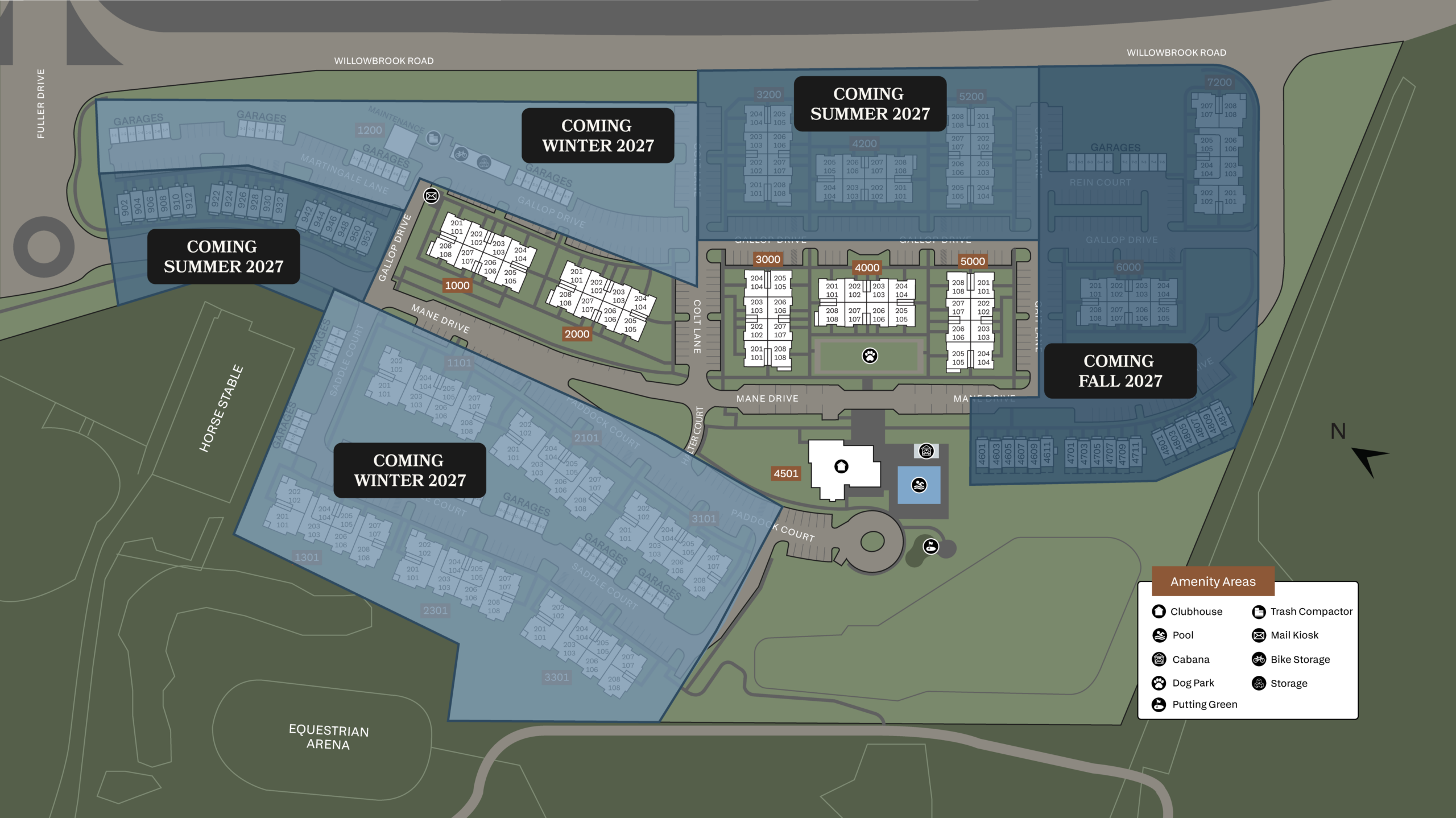 Ryder at Willow Brook Site map of an apartment complex showing buildings labeled with construction phases for 2027 and various amenities; color-coded legend included.